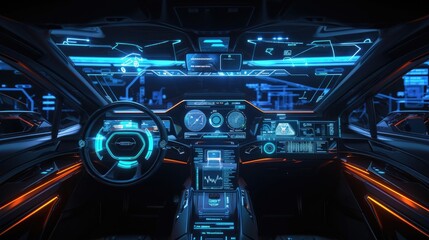 fully autonomous car dashboard with wide holographic HUD screens and integrated infotainment system.