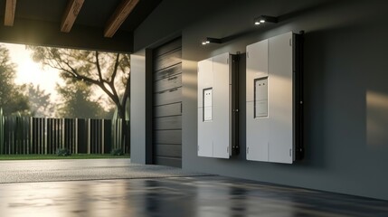 Battery packs provide an alternative energy storage system for the home garage wall, serving as a backup or sustainable energy solution. - obrazy, fototapety, plakaty