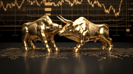 Bull and bear stock market infographic chart award, featuring gold and black colors with space for text.