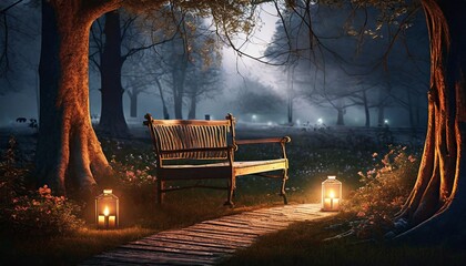 park bench in the night - obrazy, fototapety, plakaty
