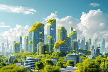 A Futuristic City With Trees Growing Out of It, 3D illustration of a modern city built with eco-friendly construction materials, AI Generated