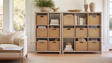 Fototapeta premium Integrate storage solutions that mimic the look of beach-inspired furniture, such as woven baskets or light wood bookshelvesar