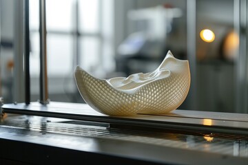 A white vase is placed on top of a table, creating a simple yet elegant arrangement, 3D printed multi-material object resting on the printer bed, AI Generated