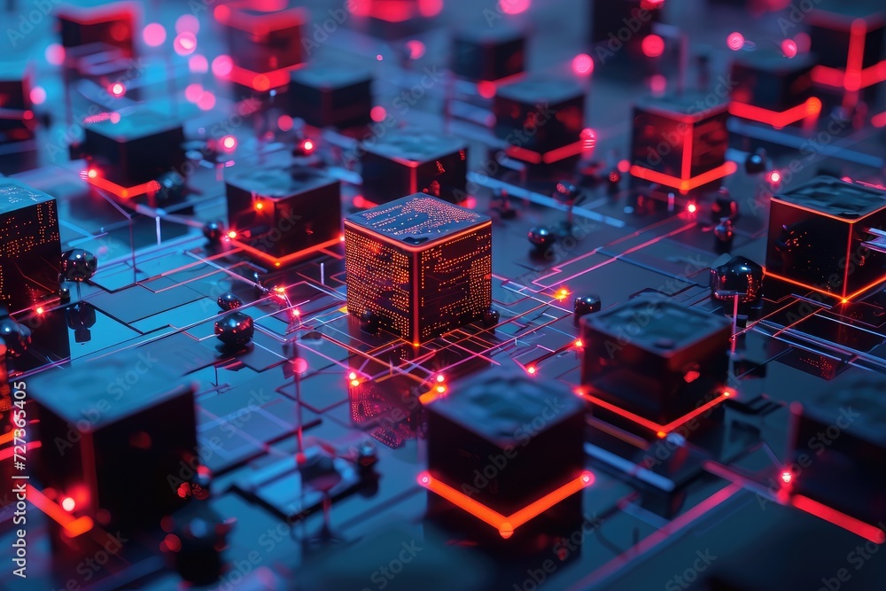 Poster group of cubes with red lights, a 3d model of various interconnected blocks, symbolizing a blockchai