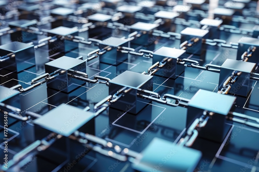 Poster a very large group of blue glass blocks, a 3d model of various interconnected blocks, symbolizing a 