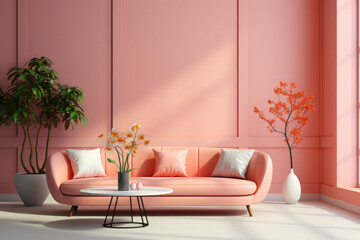 Modern room interior. Sofa with pillows against the empty wall. A beautiful large flower near the sofa. Room design in trendy colors 2024. Color of the year 2024 - Peach Fuzz.