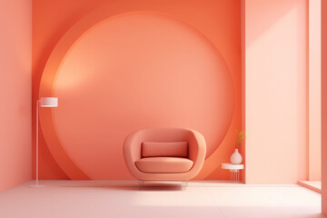 Beautiful peach colored leather chair against a beautiful rounded empty wall.Room design in trendy colors 2024. Color of the year 2024 - Peach Fuzz.