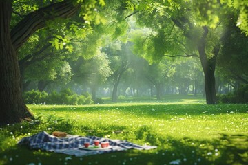 Blanket Lying in Grass Under Tree, A background depicting a mid-summer day picnic in a lush green park, AI Generated