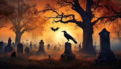 spooky halloween landscape with cemetery