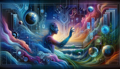 Abstract figure seamlessly merges technology and nature in web development concept.
