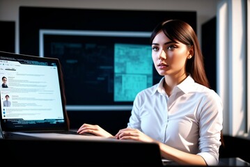 Side view of serious young woman sitting in front of computer monitors in dark office