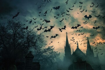 Several bats in flight over a cemetery, creating an eerie atmosphere, A bat-filled sky background above an old gothic cemetery, AI Generated