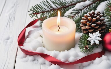 Fototapeta na wymiar Burning candle and christmas decoration over snow with pine branches on white wooden background