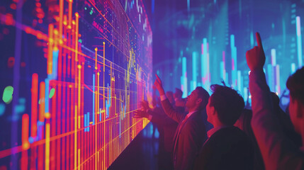 successful IPO launch, with vibrant, dynamic graphs showing stock prices soaring, surrounded by a crowd of business professionals cheering, capturing the expressions of joy and success