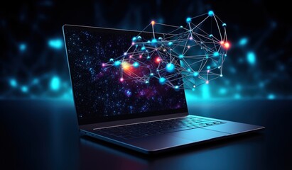 Illustration about technology with laptop in neon colors. Generate AI image