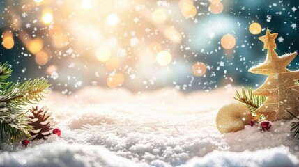 Fototapeta na wymiar Snowy Christmas backdrop with bokeh effect.