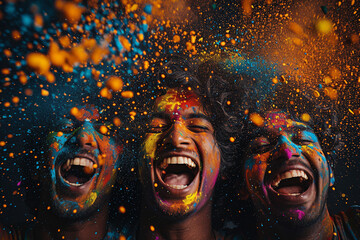 Three cheerful men with curly hair and orange powder on their faces and clothes at the Holi festival on a dark background. - obrazy, fototapety, plakaty