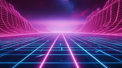 Retro futuristic 80s vibes with a digital laser grid backdrop - obrazy, fototapety, plakaty