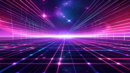 Retro futuristic 80s vibes with a digital laser grid backdrop
