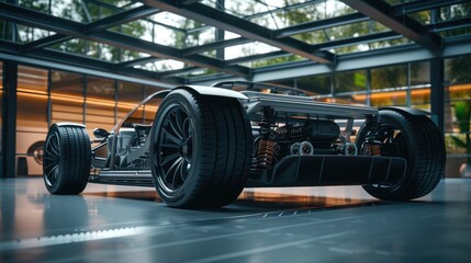 Wide banner showcases futuristic electric sport car with high performance chassis and battery concepts, featuring ample copy space. - obrazy, fototapety, plakaty