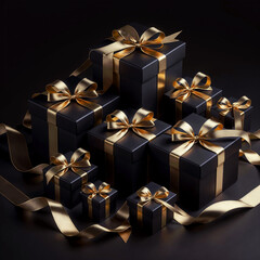 a group of black boxes with gold ribbons, a stock photo  pixabay contest winner, postminimalism, stockphoto, stock photo, black background