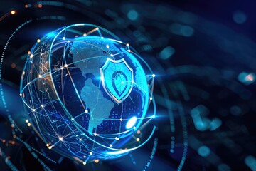 A close-up photo of a globe with a distinctive security symbol placed on its surface, A blue globe encased in a network shield, AI Generated