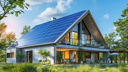 Wide banner with copyspace showcasing a futuristic smart home equipped with solar panels for renewable energy.