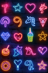 Pop art icons glowing with neon flair, a vibrant collection for modern expressions