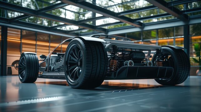 Wide banner showcases futuristic electric sport car with high performance chassis and battery concepts, featuring ample copy space.