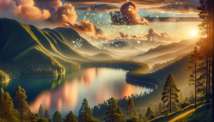 Tranquil sunset over pristine mountain lake with abstract neural network pattern