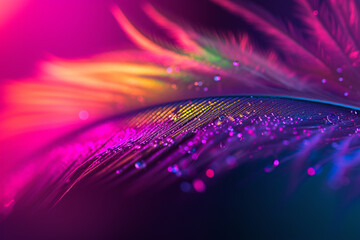 Abstract background with neon purple feather with water drops.