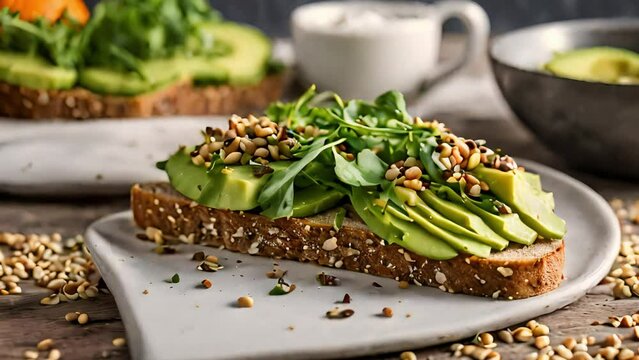 A slice of freshly baked bread with ripe avocado slices, spinach and light kernels. Generative AI