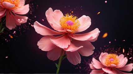 A large pink blooming flower with flying particles on a dark background