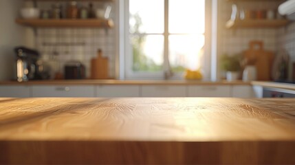 Blurred wooden table surface on a kitchen counter.