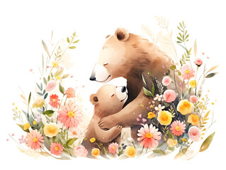 Cute little bears with  mother illustration watercolor on white background