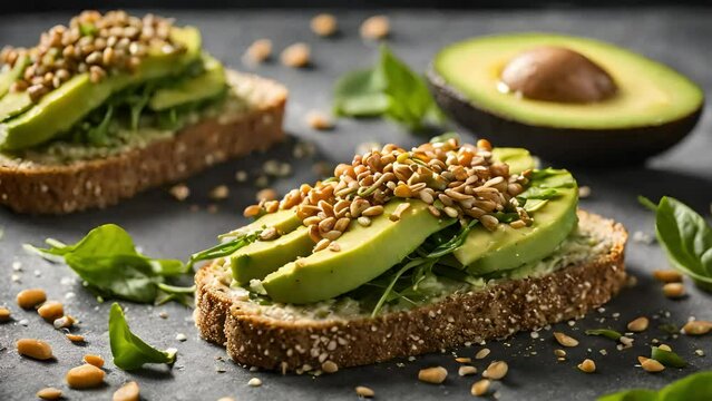 A slice of freshly baked bread with ripe avocado slices, spinach and light kernels. Generative AI