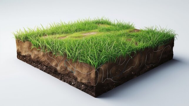 Cross section of ground with grass depicted using isometric technique.
