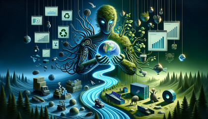 Producers nurturing role in sustainable cycle: surreal tableau of organic and digital elements.