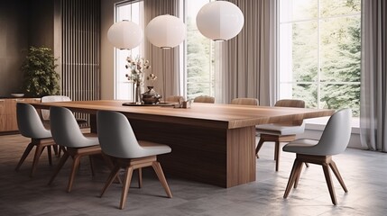 Opt for a large dining table with clean lines and comfortable chairs for a functional and inviting dining spacear