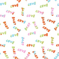 Seamless abstract pattern with  love lettering. White, multicolor. Valentine's Day. Designs for textile fabrics, wrapping paper, background, wallpaper, cover.