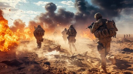 Special forces soldiers navigate a war-torn desert, overcoming obstacles and dangers. - obrazy, fototapety, plakaty