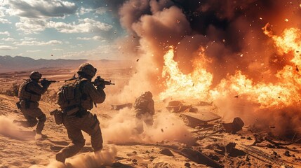 Special forces soldiers navigate a war-torn desert, overcoming obstacles and dangers.