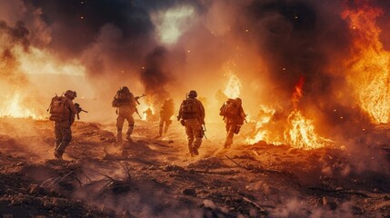 Special forces soldiers navigate a war-torn desert, overcoming obstacles and dangers. - obrazy, fototapety, plakaty