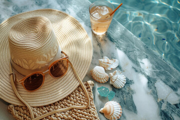 A chic and stylish still life photograph that encapsulates the essence of summer lifestyle and the dream of seaside leisure