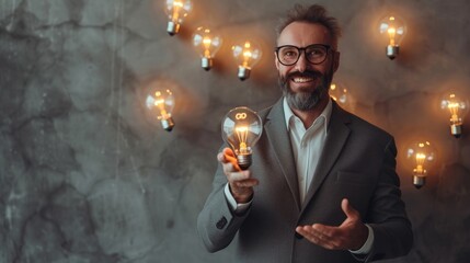 Innovative office executive carrying light bulbs.
