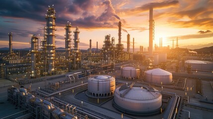 Wide banner concept featuring a refinery or petrochemical factory with storage tanks, oil and gas power plant, and an oil demand price chart. - obrazy, fototapety, plakaty