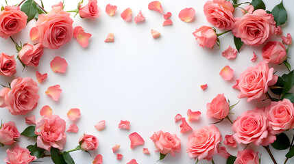 Fototapeta na wymiar Close up of blooming pink roses flowers and petals isolated on white table background, floral frame composition, empty space. Suitable for wedding or anniversary decoration.