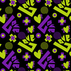 Seamless abstract pattern with hearts, Love letters, flowers, candy. Green, purple, black. Vector. Valentine's Day. Designs for textile fabrics, wrapping paper, background, wallpaper, cover.