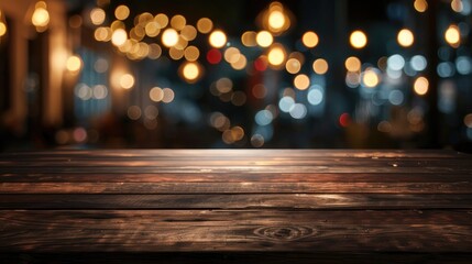 Product placement against a dark wooden table with a background of bokeh in restaurants. - obrazy, fototapety, plakaty