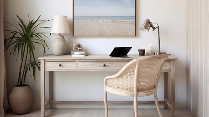 Opt for a minimalist desk with clean lines, and incorporate coastal elements like seashells or driftwood for a serene touchar